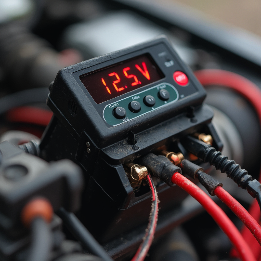 Profesjonalny miernik akumulatorowy z podłączonymi przewodami do zacisków baterii 12V, widok z góry z wyświetlaczem cyfrowym pokazującym 12.6V