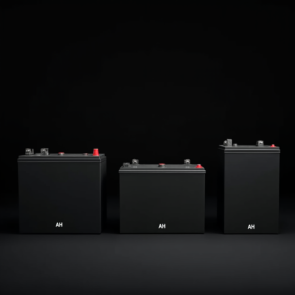 Porównanie rozmiarów trzech akumulatorów 12V o różnej pojemności ustawionych w rzędzie na czarnym tle, widok frontalny z wyraźnie widocznymi oznaczeniami Ah