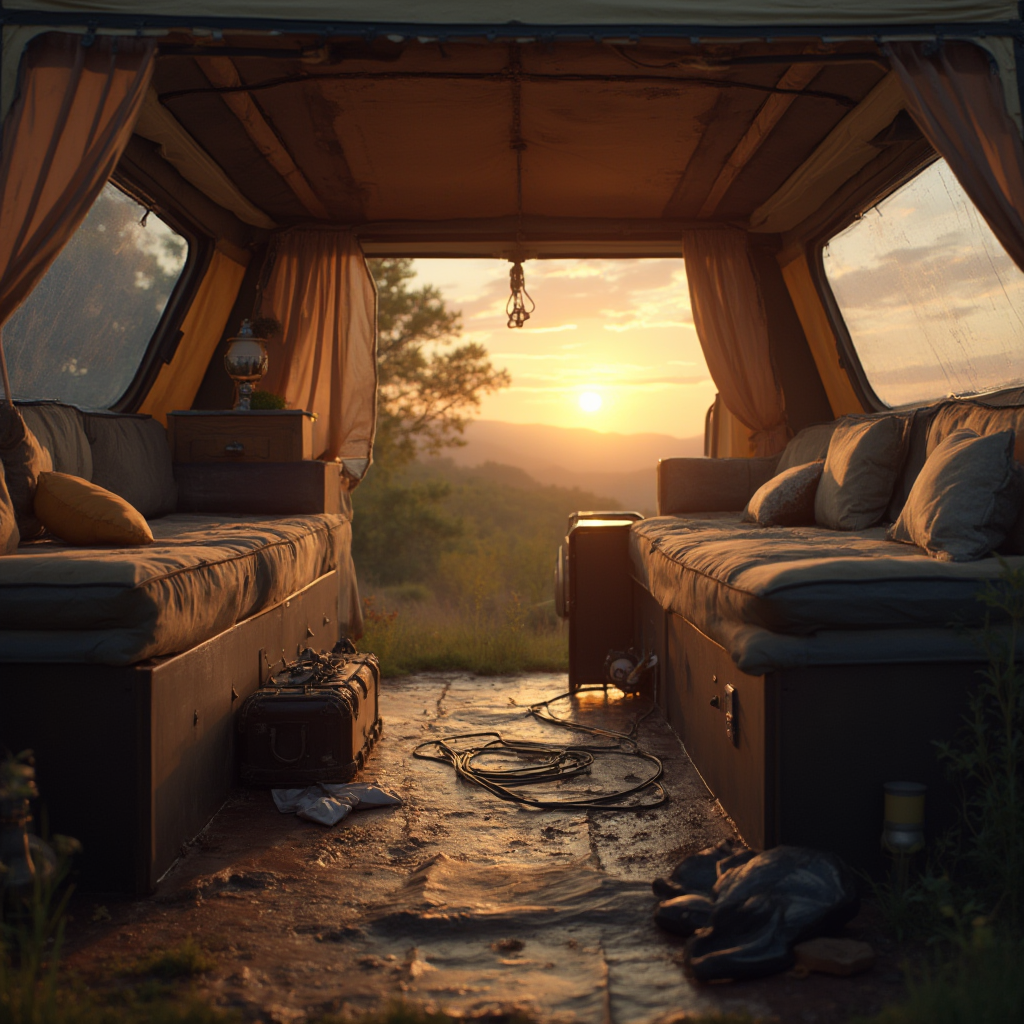 Kamper z otwartą przestrzenią campingową, widoczny akumulator AGM pod podłogą z okablowaniem, naturalne oświetlenie zachodu słońca