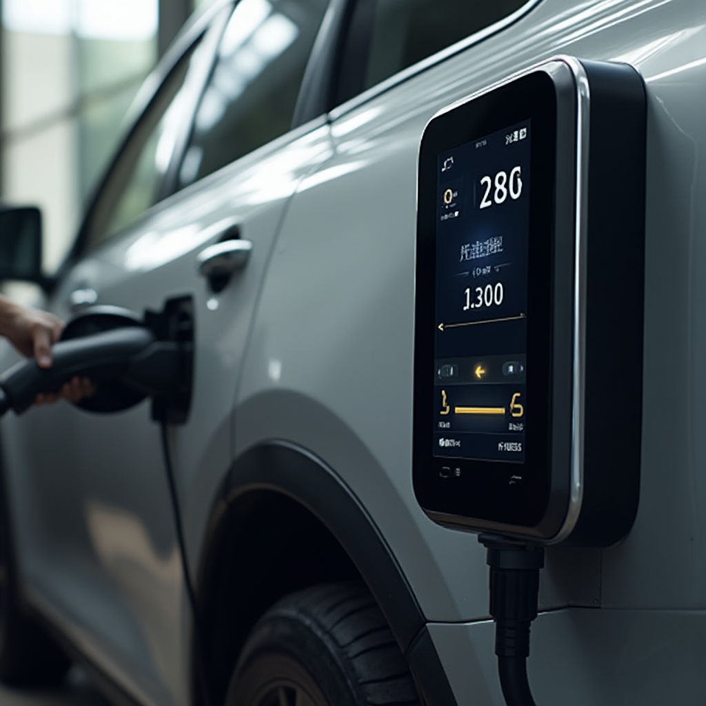 Inteligentna ładowarka samochodowa z wyświetlaczem dotykowym podłączona do AGM, widok z profilu z zaznaczonymi parametrami ładowania