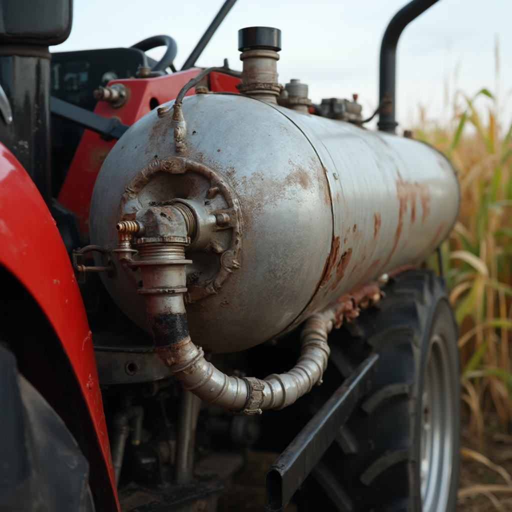 Akumulator hydrauliczny w maszynie rolniczej, widok z zewnątrz. Zbiornik o średnicy 30 cm z przyłączami hydraulicznymi, zamontowany na ramie ciągnika. Kadr z perspektywy żabiej, ostrość na połączeniach hydraulicznych, tło w postaci pola uprawnego.