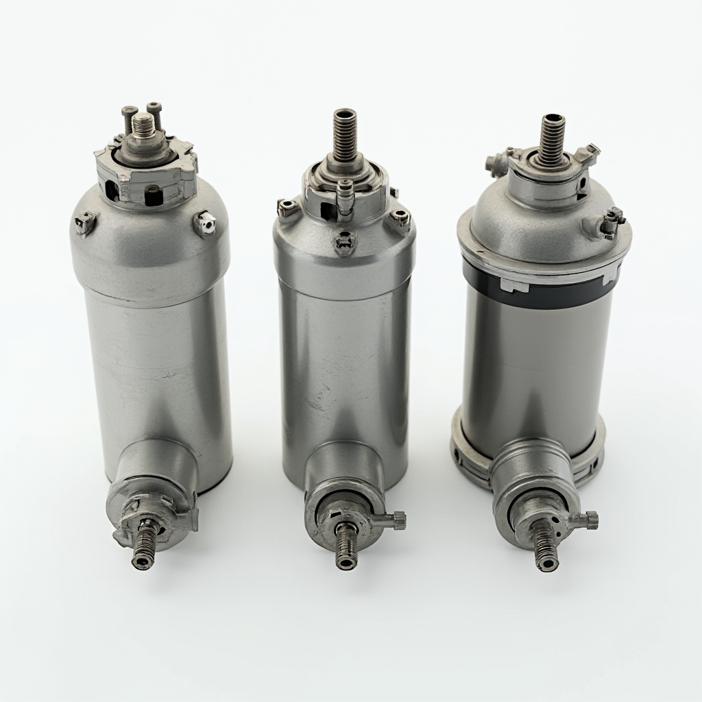 Trzy typy akumulatorów hydraulicznych ustawione obok siebie: pęcherzowy, tłokowy i membranowy. Widok z góry, różnice konstrukcyjne wyraźnie widoczne. Oświetlenie studyjne, ostrość na detalach mechanicznych.