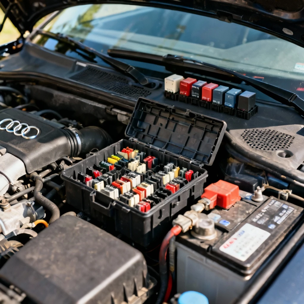 Audi A6 C5 engine bay fuse box open showing relays position near windshield, visible battery connections, sharp daylight detail