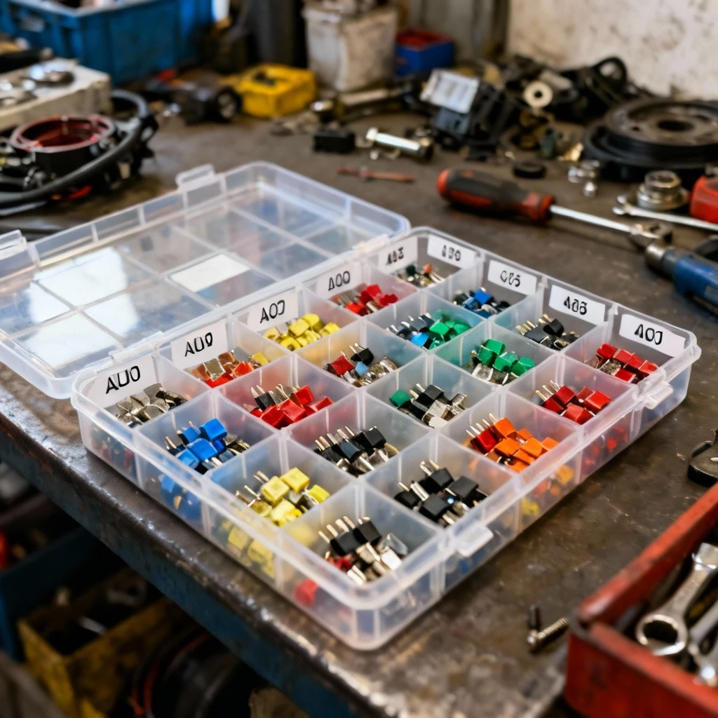 Organized transparent case with various colored fuses for Audi models, labeled compartments by amperage, automotive workshop setting