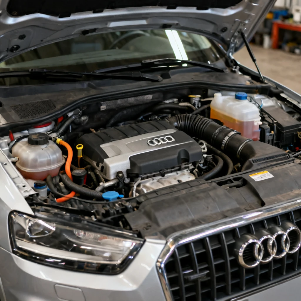 Zbliżenie na otwartą maskę srebrnego Audi Q3 pierwszej generacji. Widoczne elementy silnika 2.0 TDI: pokrywa silnika, przewody, zbiorniczek płynu chłodzącego i wspomagania kierownicy. Kadr skomponowany tak, aby pokazać typowe punkty kontrolne – poziom oleju, stan pasków i węży. Tło neutralne, warsztatowe, oświetlenie skierowane na komorę silnika.