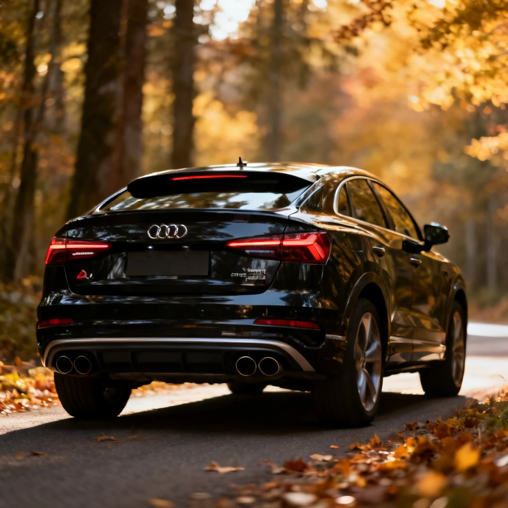 Widok z tyłu na czarne Audi Q3 Sportback stojące na leśnej drodze w jesiennych barwach. Ostre linie dachu opadającego w stylu coupe, reflektory LED w kształcie litery Q, podwójne końcówki układu wydechowego. W tle rozmyty las i opadłe liście. Światło popołudniowe podkreśla sportowy charakter modelu.