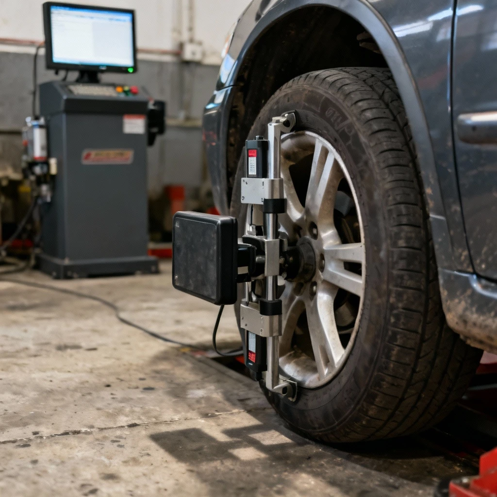 komputerowe stanowisko do ustawiania geometrii kół z czujnikami przymocowanymi do kół samochodu, widok z boku