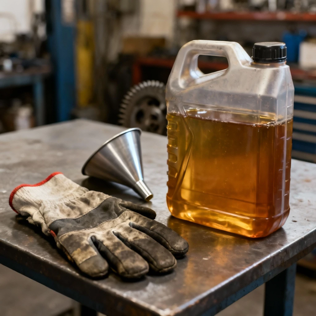 Zestaw do wymiany oleju przekładniowego: pojemnik nowego złotobrązowego oleju, lejek, rękawica warsztatowa leżąca na stole. Widok realistyczny, równomierne oświetlenie warsztatowe.