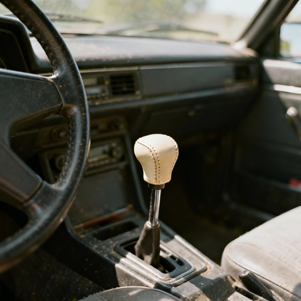 Drążek zmiany biegu w samochodzie z perspektywy kierowcy. Skórzana gałka w lekkim uścisku dłoni. Kierownica częściowo widoczna. Kadr z wnętrza auta, realistyczny.