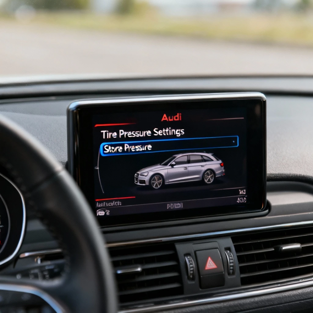 Close-up of an Audi MMI screen showing 'Tire Pressure Settings' menu with highlighted 'Store Pressure' option. Dashboard perspective, no hands or text overlays.