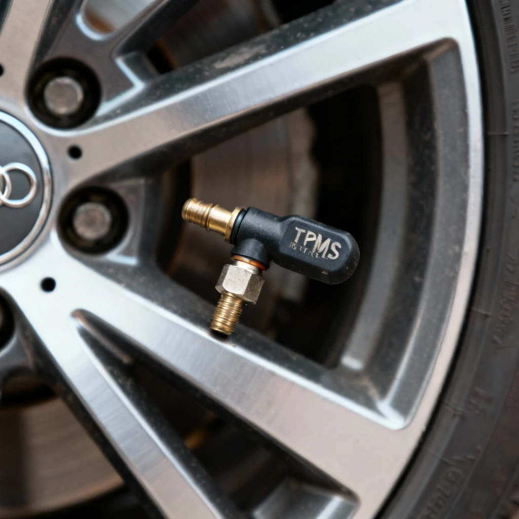 Macro photo of genuine Audi TPMS sensor mounted on alloy wheel. Focus on valve and sensor body with part number visible. Studio lighting, technical detail.