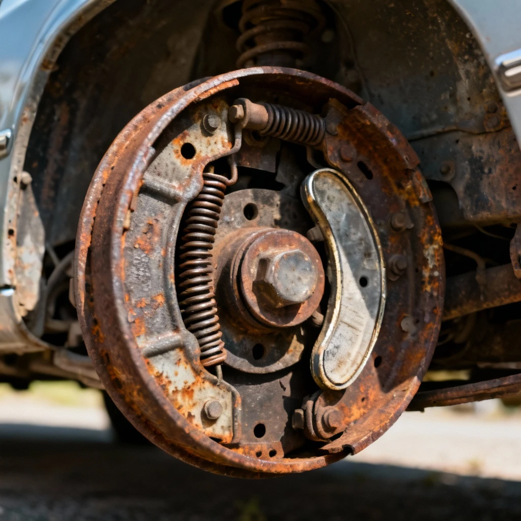 Ciasny ujęcie tylnego hamulca bębnowego z widocznymi elementami szczęk i sprężyn. Detale korozji na powierzchni mechanizmów. Oświetlenie boczne wydobywające teksturę.
