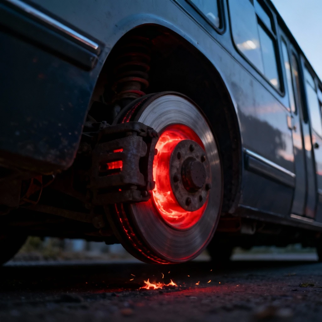 Samochód osobowy pokazany z boku z wyraźnie rozgrzaną tarczą hamulcową świecącą czerwonym żarem w ciemności. Kadr z niskiej perspektywy podkreślający rozgrzane elementy.