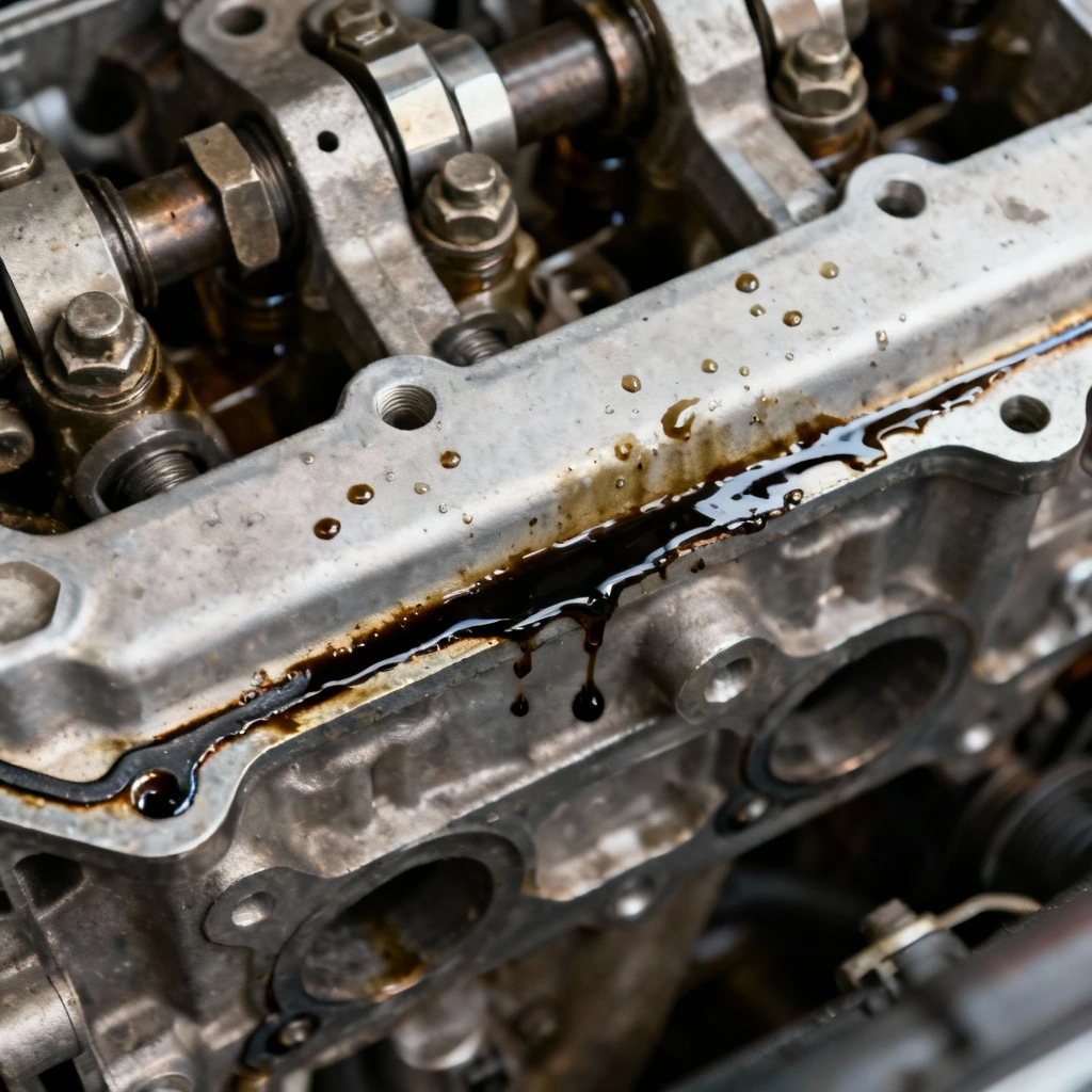 Zbliżenie nieszczelnej uszczelki pod głowicą silnika widzianej od góry po zdjęciu pokrywy zaworów, widoczne ciemne ślady wycieków oleju wzdłuż krawędzi bloku i kropelki na powierzchni, wyraźne kontrastowe oświetlenie