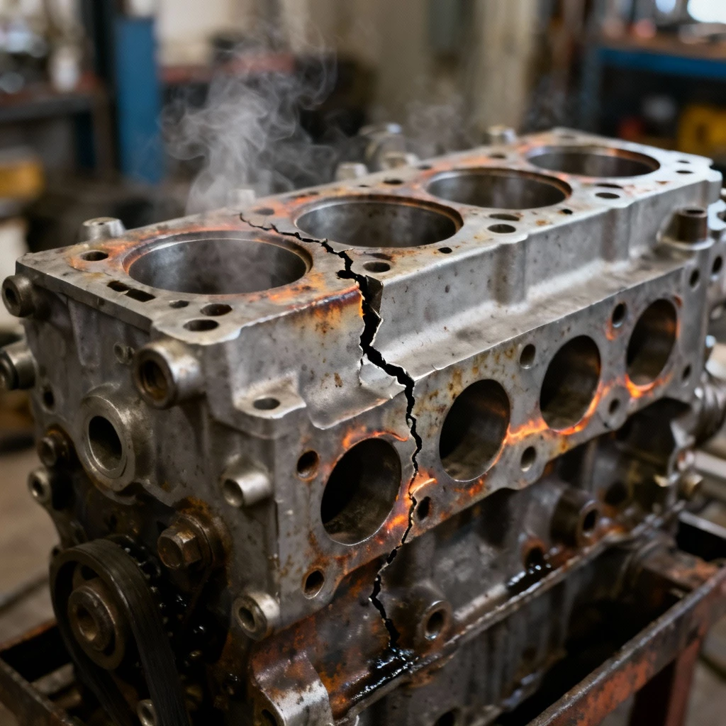 Dramatyczny widok pękniętego korpusu silnika widzianego pod kątem 3/4 z wyraźnymi śladami przegrzania i deformacji wokół cylindrów, widok z dużej perspektywy z miękkim oświetleniem