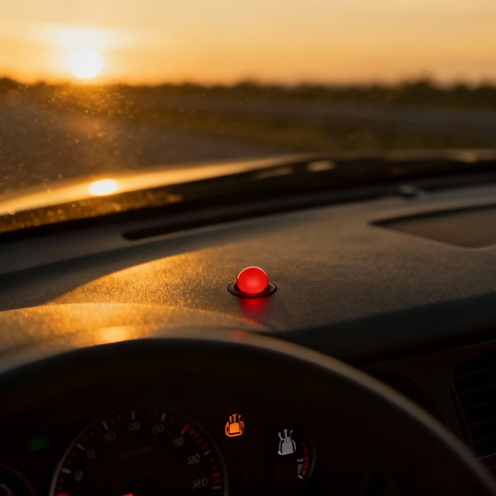 Widok z góry na deskę rozdzielczą samochodu podczas jazdy po zmierzchu z wyraźnie świecącą cąłą-kropką czerwoną kontrolką ciśnienia oleju w kształcie kropli, w tle widoczna włączona kontrolka silnika (check engine)