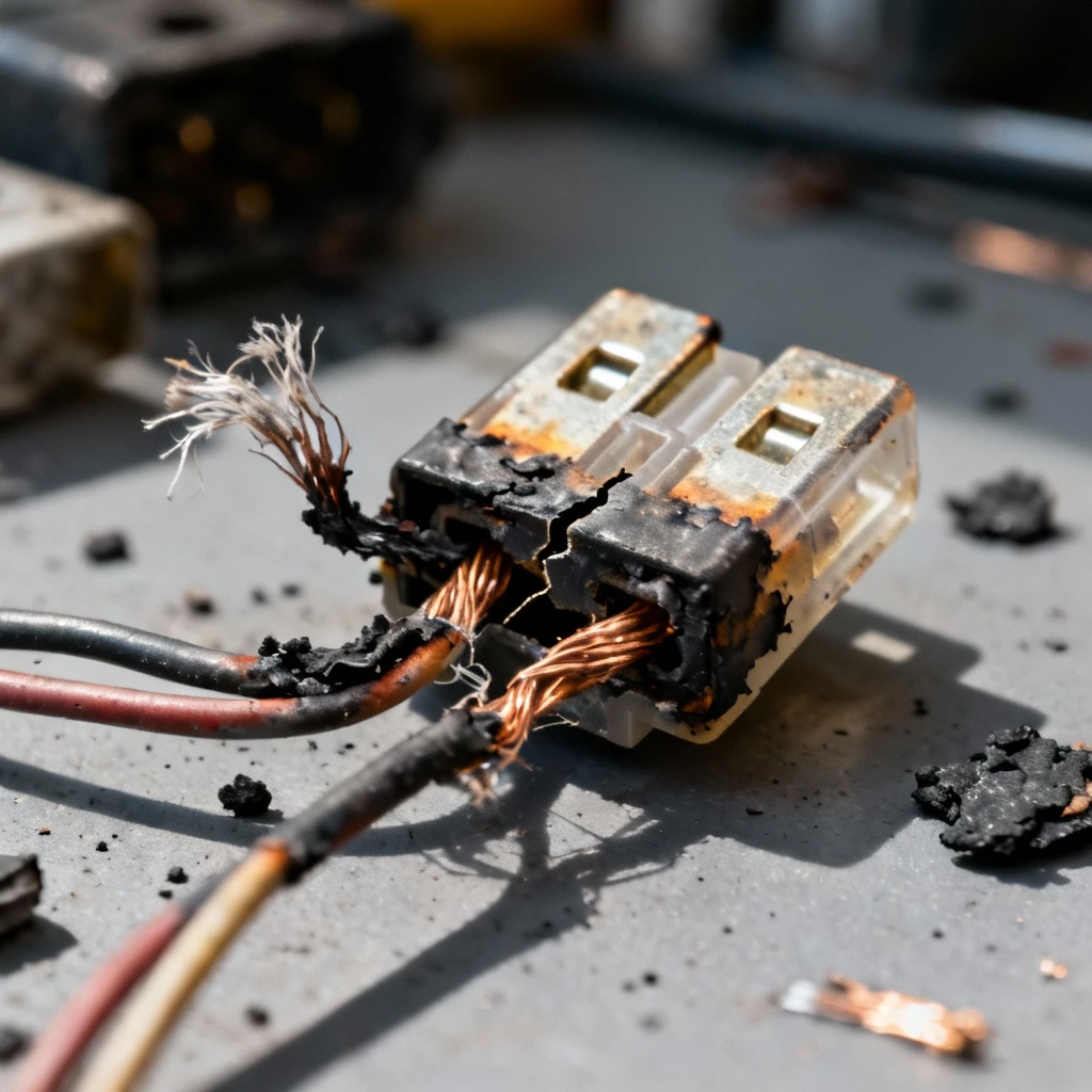 Detal spalonego bezpiecznika samochodowego z przerwanym drucikiem mocno powiększony, kadr 16:9