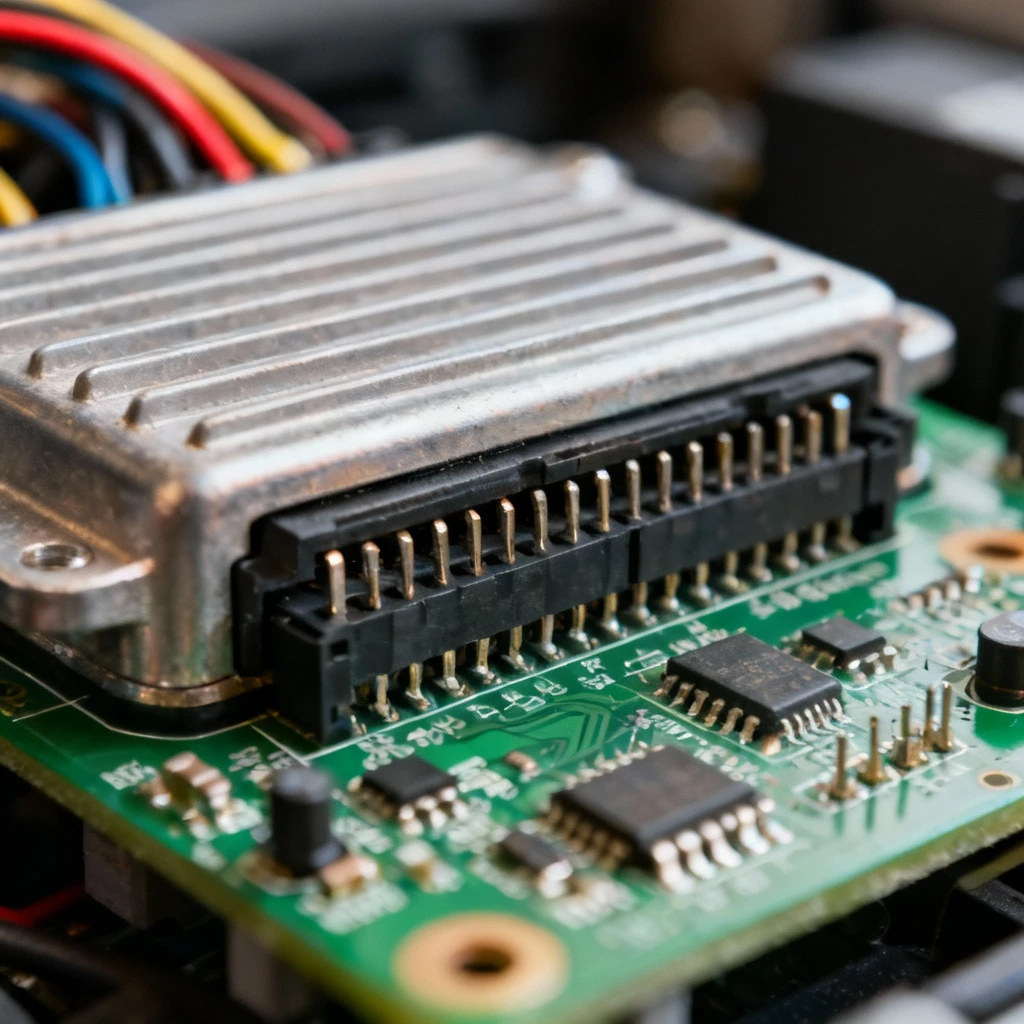 Płytka ECU z wciągniętym wiązką kabli, sfokusowaną na pojedyncze styki, kadr 4:3