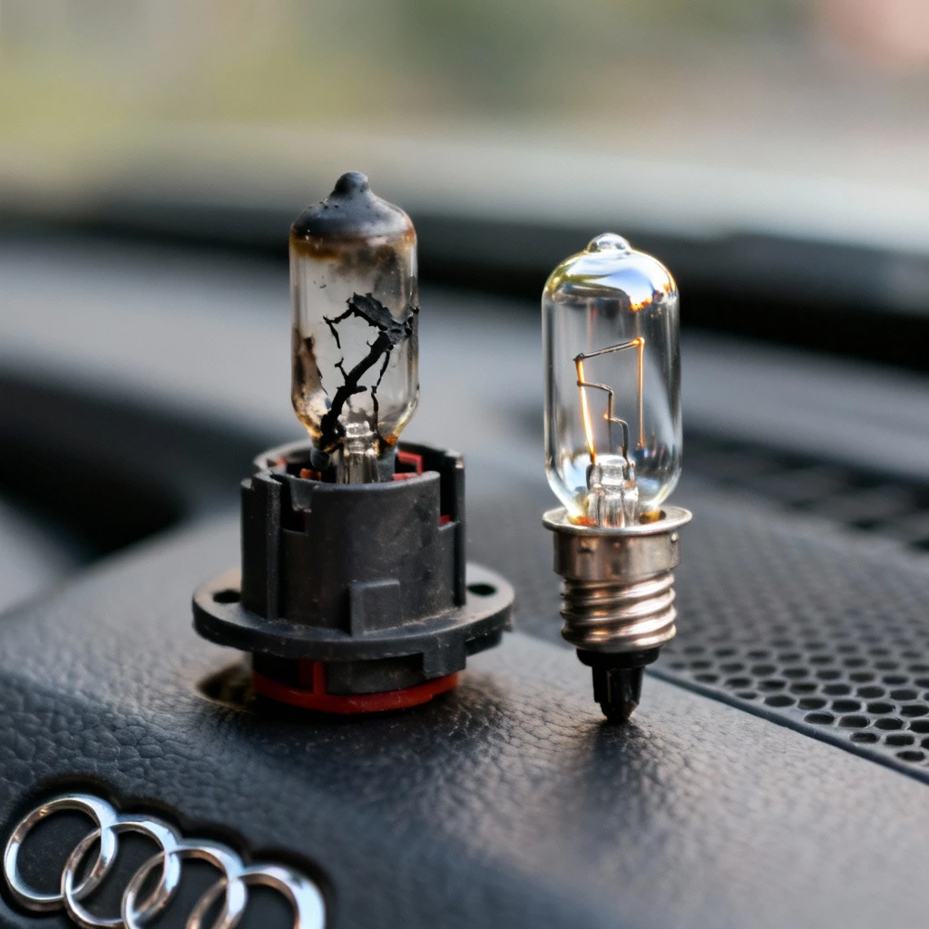 Zbliżenie na gniazdo żarówki światła hamulcowego Audi z widoczną przepaloną żarówką i nową żarówką obok, wyraźnie widoczna różnica w druciku żarowym, kadr obejmuje same gniazdo