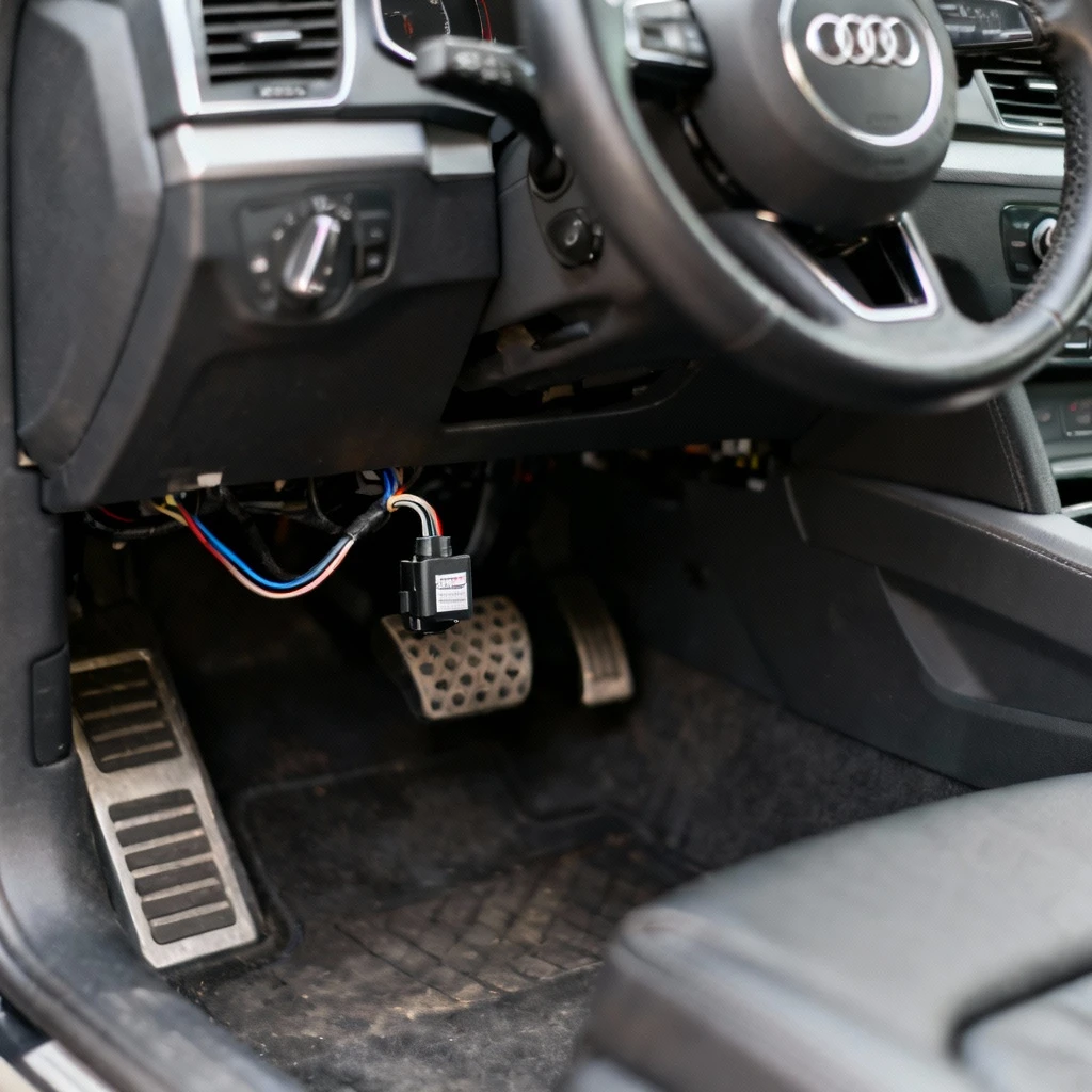 Widok pod spodem kokpitu Audi z widocznym czujnikiem pedału hamulca i wiązką przewodów, oświetlenie punktowe podkreślające szczegóły instalacji, kadr na obszar pedałów