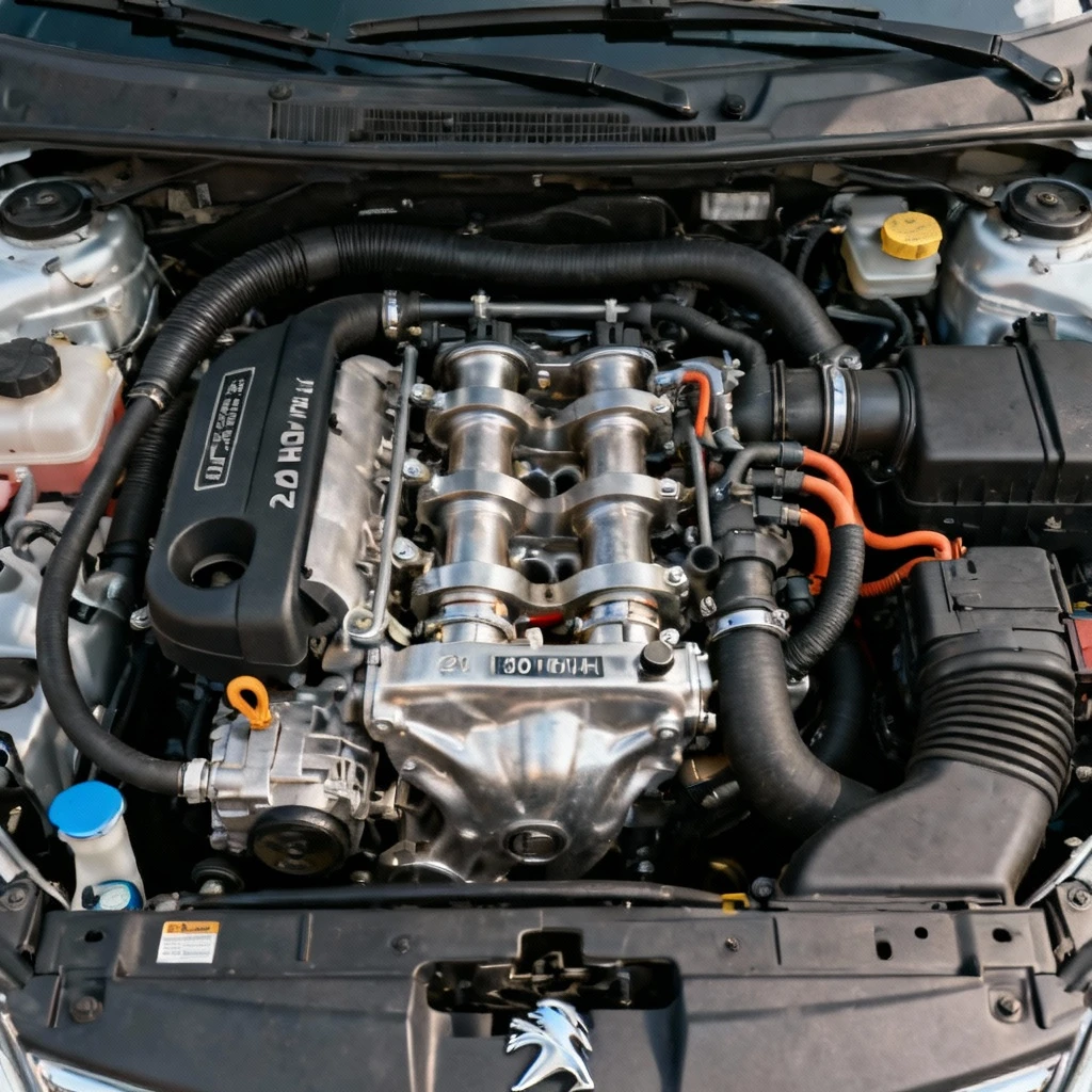 Czysty, zadbany silnik 2.0 HDi 136 KM w komorze silnikowej samochodu, oznaczenia fabryczne, dokładny widok z góry. Układ cylindrów umieszczony centralnie, detale gumowych przewodów paliwowych, i metalowych zabudów. Obraz w wysokiej rozdzielczości.