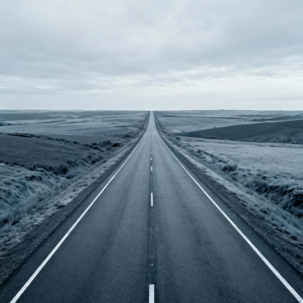 Droga z długim, prostym odcinkiem asfaltu wiodąca ku horyzontowi, krajobrazy w szaro-błękitnej tonacji. Symbol silnika doskonalego jeśli chodzi o długie przebiegi w warunkach drogowych. Podniesiona perspektywa, dużo przestrzeni nieba.