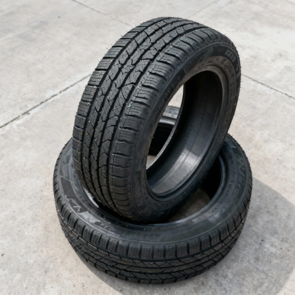 Komplet nowych opon letnich ułożonych w kole na tle gładkiego betonowego podłoża, widok z góry