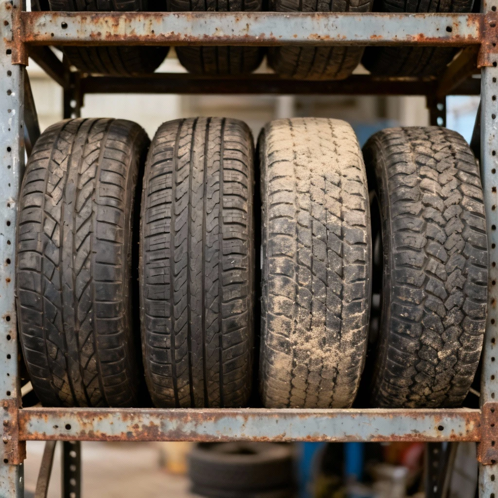 Układ czterech różnych opon samochodowych na regale magazynowym, widok na profile bieżników