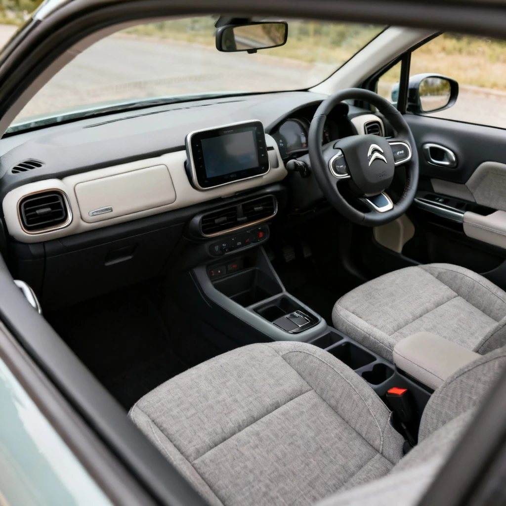 Zdjęcie ukazuje wnętrze Citroena C4 Cactus z perspektywy pasażera z przodu. Widoczny jest fragment deski rozdzielczej z centralnym ekranem dotykowym, charakterystycznym kołem kierownicy oraz schowkami. Siedzenia obite są materiałem w neutralnym kolorze. Kadr jest skadrowany tak, aby pokazać przestronność kabiny, ale bez elementów ludzkich. Oświetlenie jest naturalne, dzienne, podkreślające faktury plastików i tkanin.