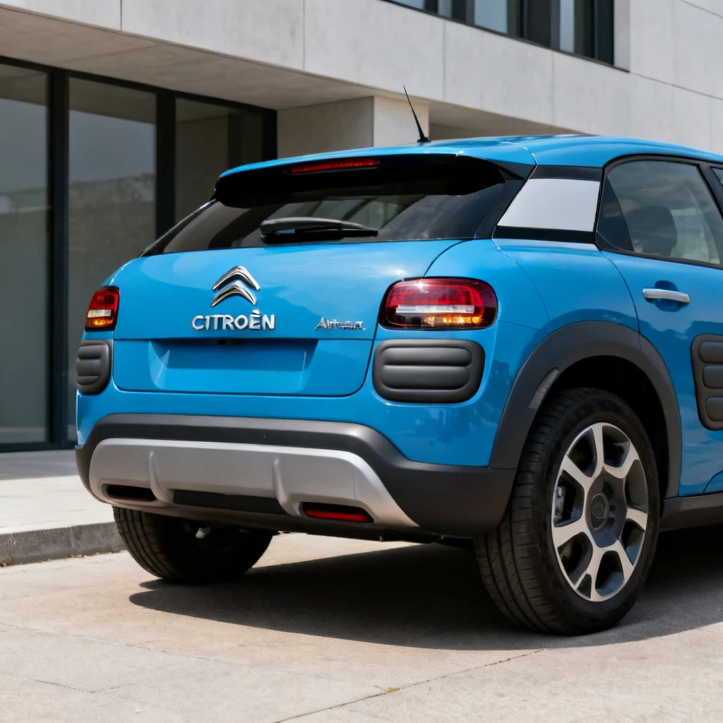 Zdjęcie pokazuje tył Citroena C4 Cactus, zaparkowanego na tle nowoczesnego budynku. Kadr obejmuje tylną część nadwozia z lampami, napisem CITROËN oraz zderzakiem. Na drzwiach bagażnika widoczne są charakterystyczne panele Airbump. Samochód jest w kolorze niebieskim, a oświetlenie słoneczne tworzy miękkie cienie. W tle widać architektoniczny detal, który nie rozprasza uwagi. Zdjęcie eksponuje linie i proporcje pojazdu.