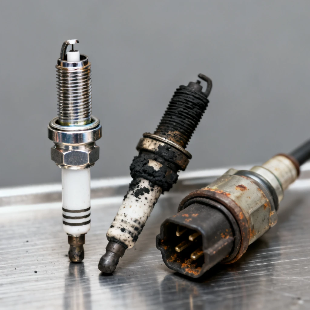 Kadr ukazujący nową i zużytą świecę zapłonową leżącą na czystej, metalowej powierzchni. Stara świeca ma osad węglowy na elektrodzie i ceramice. Obok leży cewka zapłonowa z widocznymi śladami korozji na złączu. Oświetlenie punktowe, podkreślające różnicę w stanie. Brak rąk, narzędzi, diagramów. Tło neutralne.