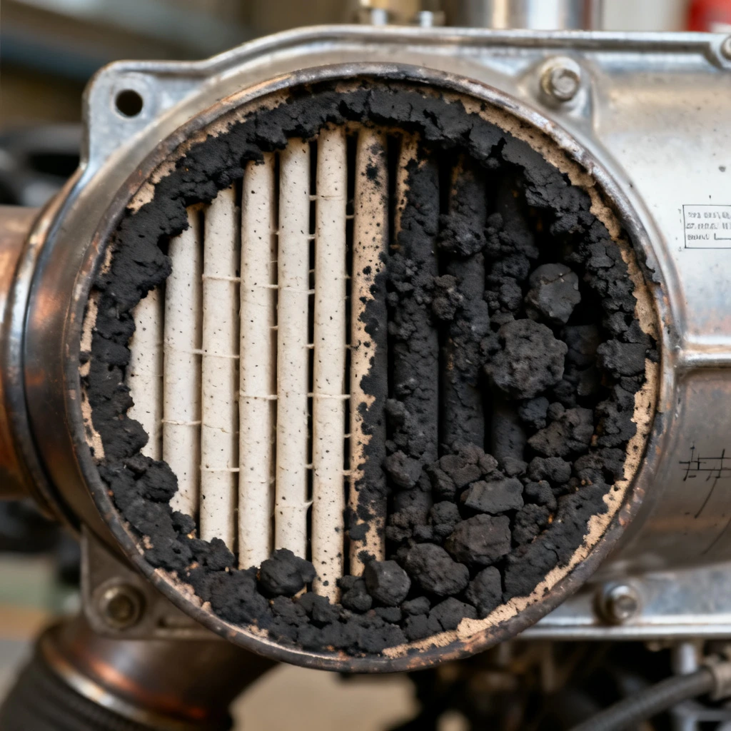 Przekrój filtra cząstek stałych DPF wykonany w technologii ceramicznej. Widoczna struktura kanalików – część z nich jest czysta, część zatkana czarną, koksową sadzą. Kadr zbliżenia, ostrość na powierzchni filtra, metalowa obudowa w tle. Brak ludzi, napisów, diagramów.