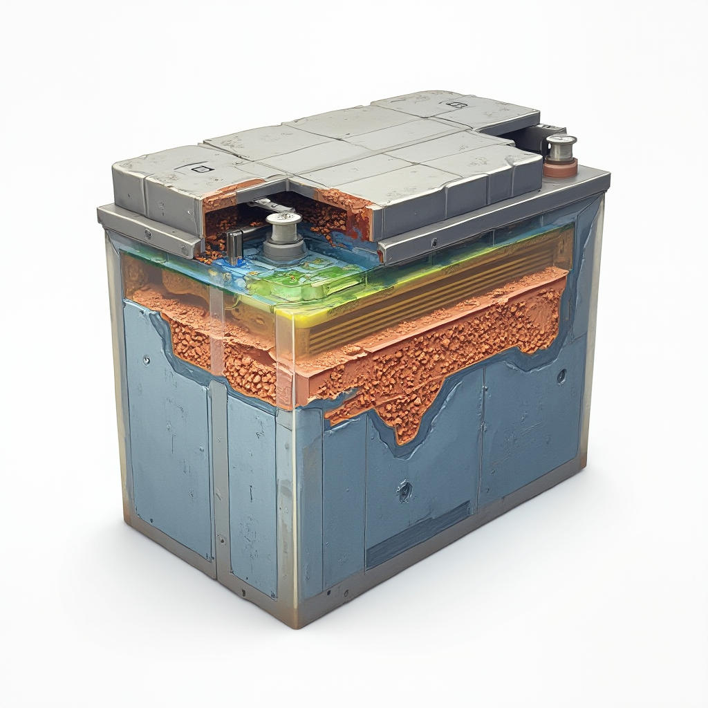 Przekrój akumulatora samochodowego z widocznymi płytami ołowianymi, elektrolitem i separatorami, ilustracja techniczna w stylu realistycznym