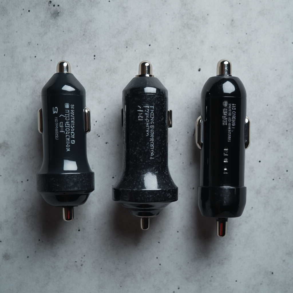 Porównanie trzech typów ładowarek samochodowych: mikroprocesorowej, transformatorowej i inteligentnej, widok z góry na tle szarej tekstury