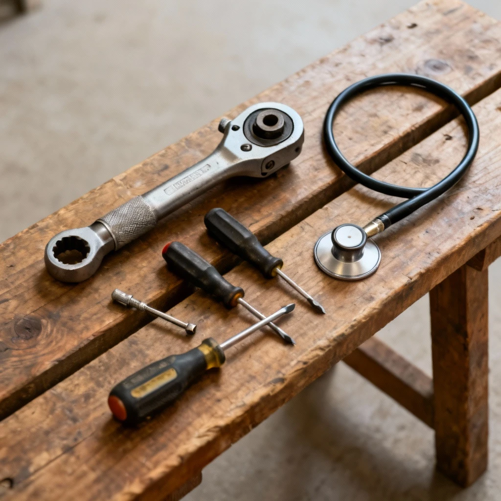 Zestaw narzędzi warsztatowych ułożony na drewnianej ławce: klucz dynamometryczny, śrubokręty, stetoskop silnikowy. Kadr z góry, neutralne tło
