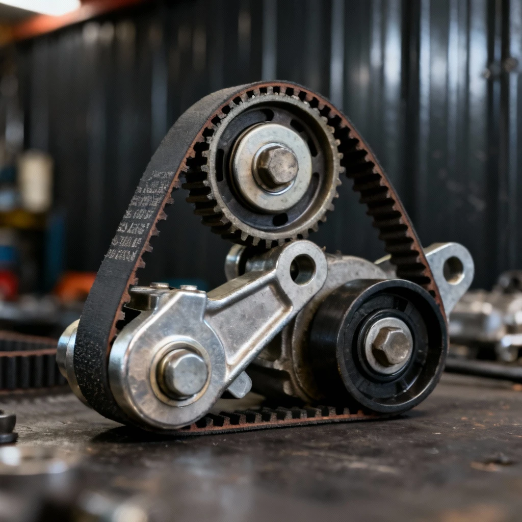 Elementy układu rozrządu samochodowego: nowy pasek rozrządu, napinacz i rolki prowadzące na tle ciemnej blachy. Kadr makro z płytką głębią ostrości