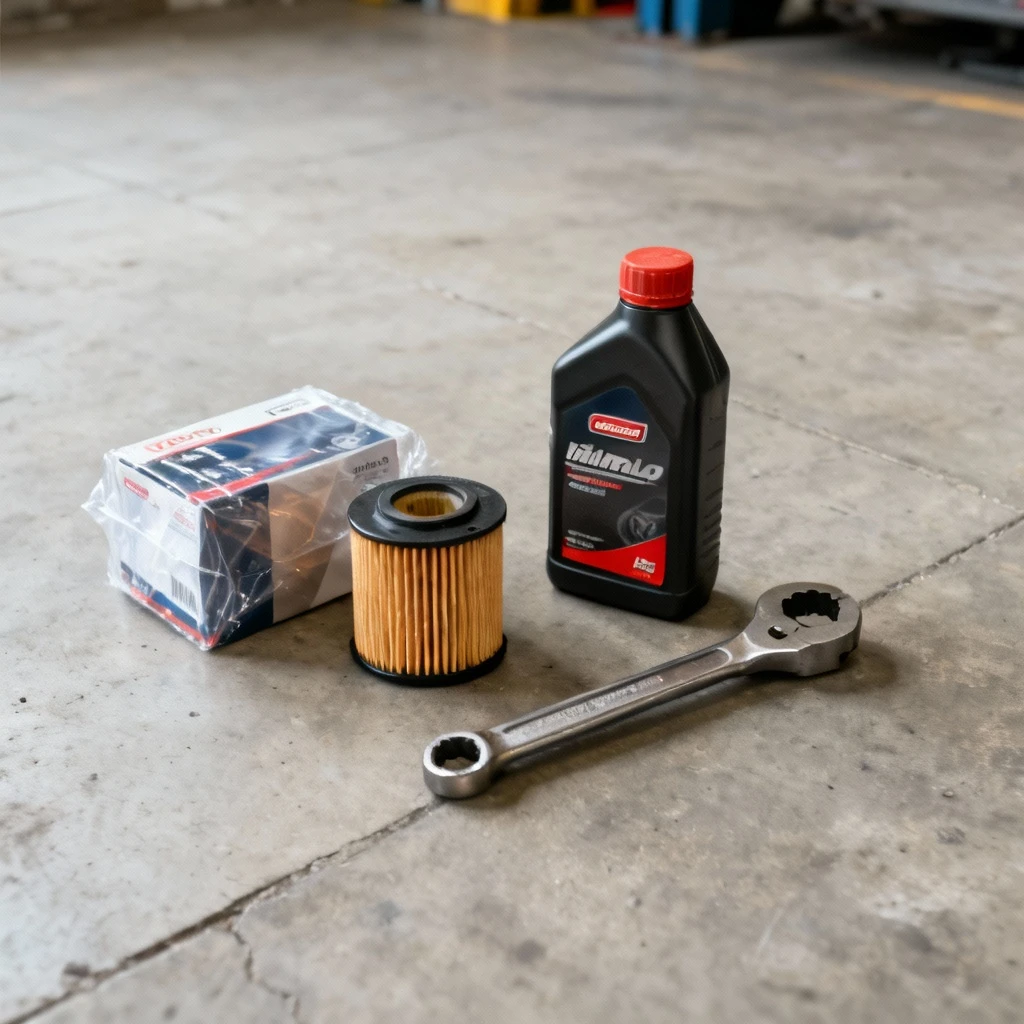 Komplet nowych części: filtr oleju w opakowaniu, butelka oleju silnikowego i klucz do filtrów leżące na czystym betonowym podłożu. Kadr na wprost z jednolitym tłem.