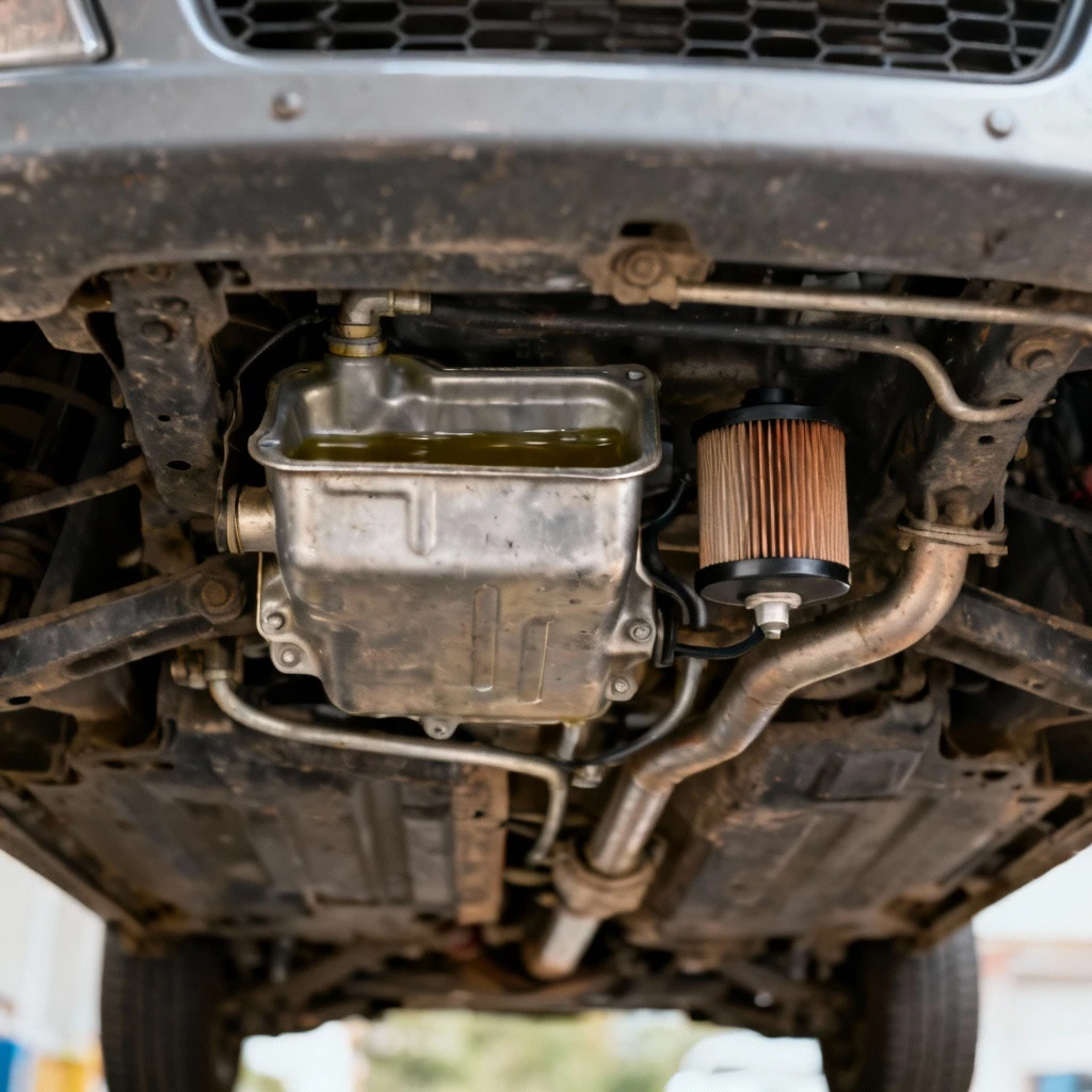 Podwozie samochodu z wyraźnie widocznymi elementami układu smarowania. Kadr ukazuje miskę olejową i filtr oleju zlokalizowany w okolicach środkowej linii podwozia.