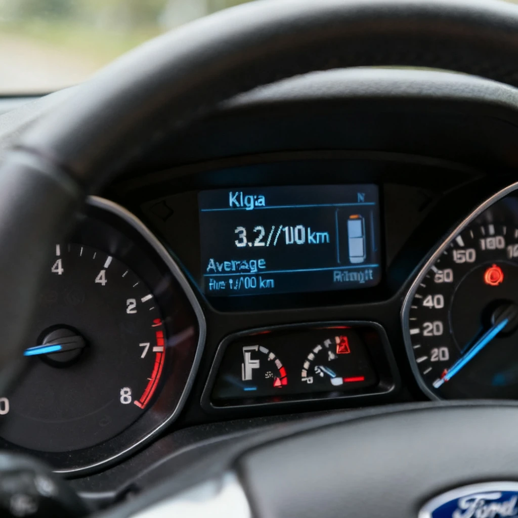 Zbliżenie na panel wskaźników Forda Kuga z widocznym cyfrowym prędkościomierzem i wskaźnikiem zużycia paliwa. Kadr obejmuje tylko górną część deski rozdzielczej, bez kierownicy i pasażerów. Na wyświetlaczu widnieją wartości średniego spalania 5,2 l/100 km oraz zasięg, oświetlenie dzienne, brak odbić.