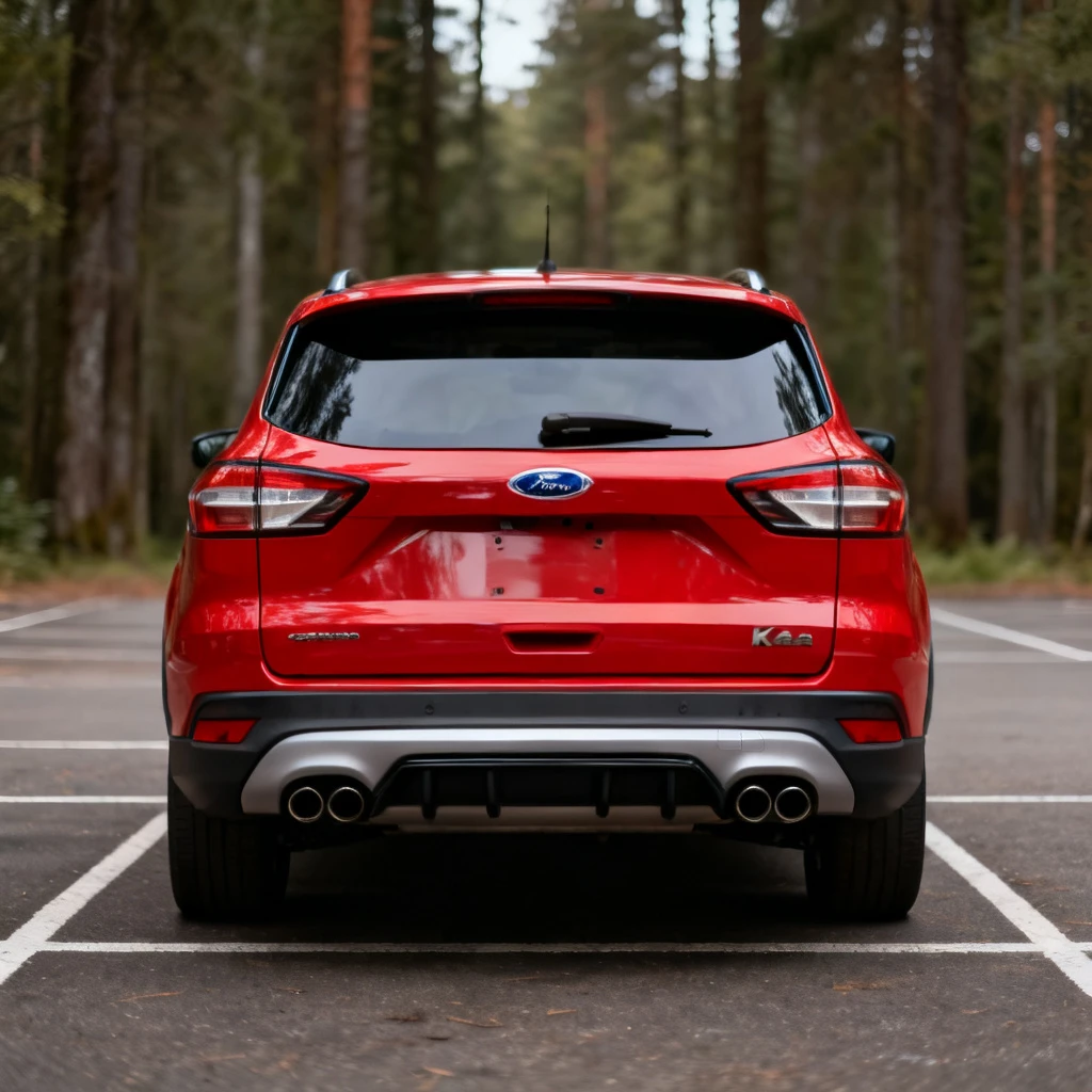 Tylny widok Forda Kuga w kolorze czerwonym, zaparkowanego na leśnym parkingu. Kadr ukazuje symetryczną sylwetkę, duże tylne klapy, zderzak z dyfuzorem i podwójne końcówki wydechu. W tle rozmyte drzewa, naturalne światło, brak ludzi i elementów graficznych.
