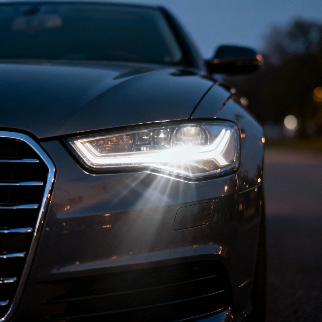 Close-up view of the left headlight assembly of an Audi sedan, showing the lens and beam pattern. Sharp focus on the headlight, rest of the car slightly blurred. Night scene showing light projection.