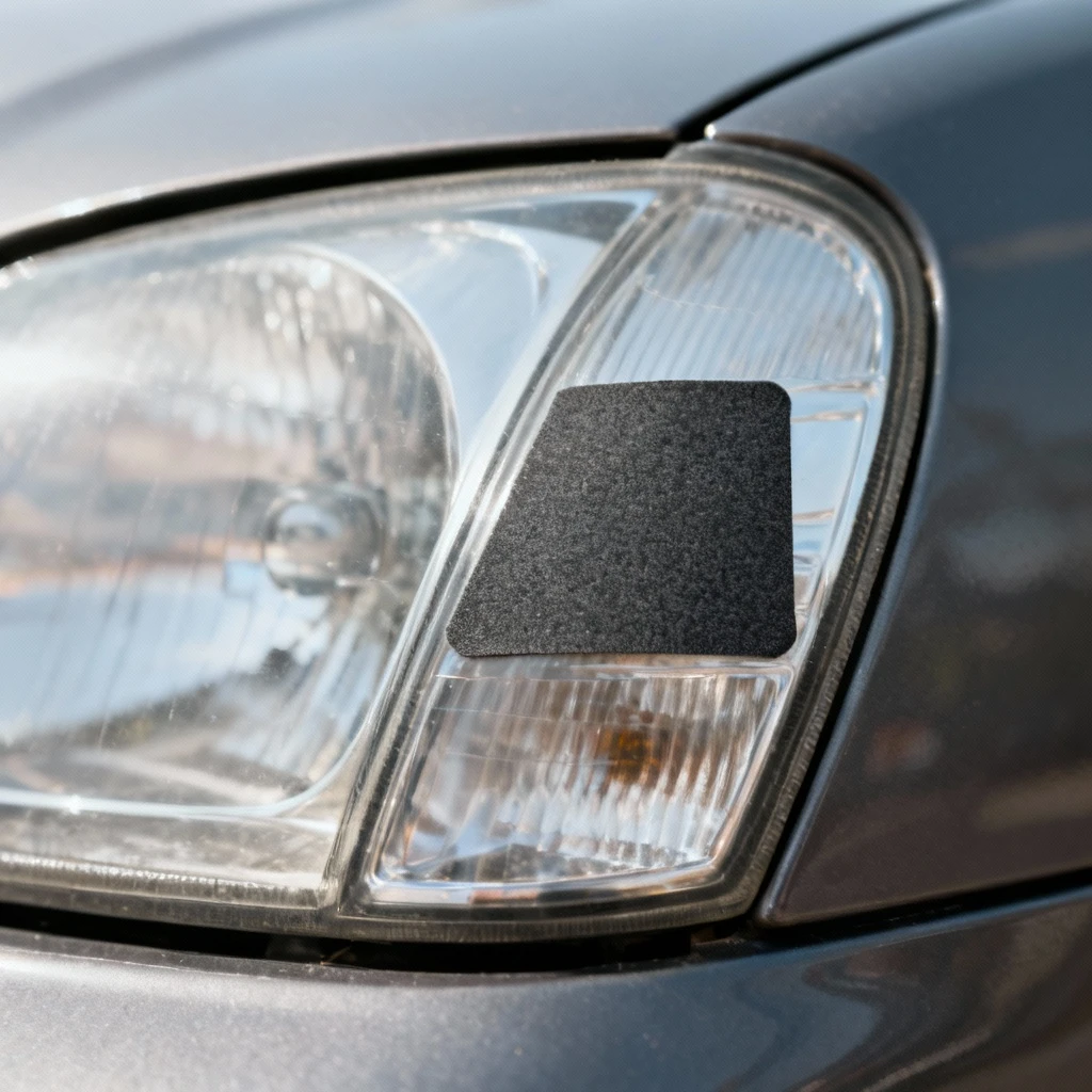 Detail shot of a headlamp converter sticker applied precisely to the corner of a car's headlight lens. Focus on the matte texture of the sticker against the clear glass, daytime setting.
