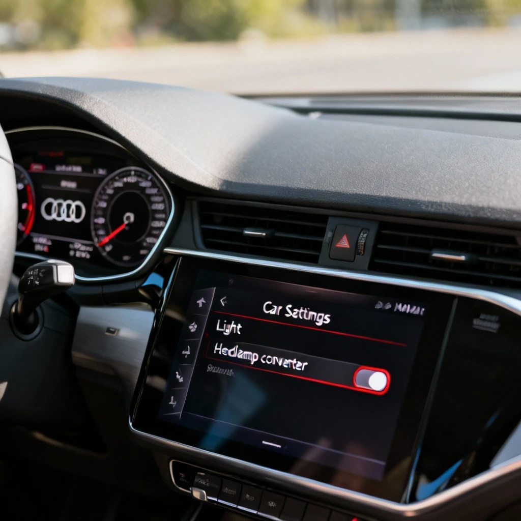 Audi A4 instrument cluster (Virtual Cockpit view) with MMI infotainment screen visible. Display shows the 'Car Settings' menu with the 'Light' settings sub-menu and the 'Headlamp converter' toggle switch highlighted. Daylight interior, sharp focus on the screens.