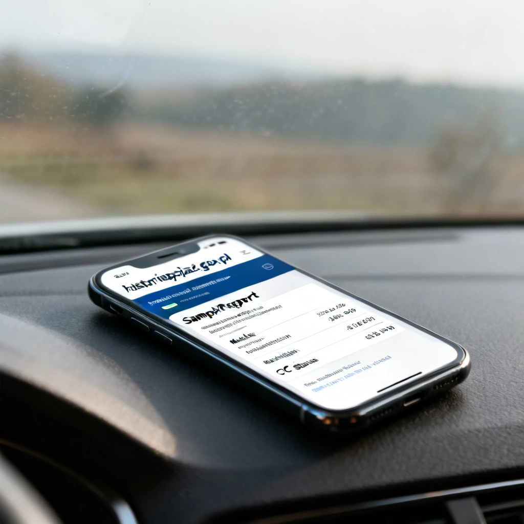 Zdjęcie przedstawia smartfon leżący na desce rozdzielczej samochodu, z ekranem wyświetlającym stronę historiapojazdu.gov.pl. Na ekranie widać przykładowy raport z danymi pojazdu: marka, model, rok produkcji, przebieg i status OC. W tle przez szybę widać częściowo zamglony krajobraz. Oświetlenie jest naturalne, dzienne. Kadr jest ostry na ekranie telefonu, reszta delikatnie rozmyta. Brak ludzi i napisów poza treścią na ekranie.