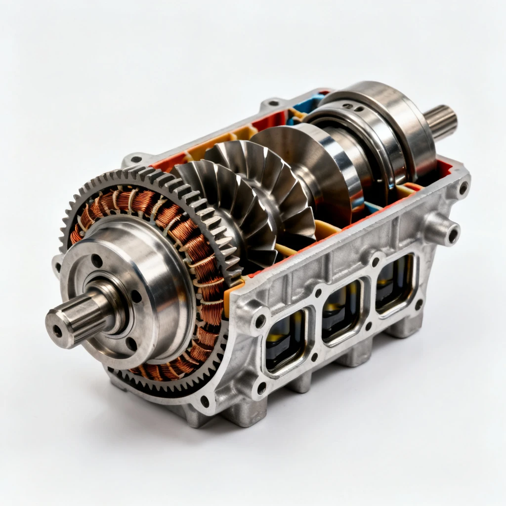 Przekrój mechanizmu wariatora VVT: widoczny stojan z zębami, wirnik z łopatkami oraz komory hydrauliczne. Elementy metalowe, polerowane, na białym tle. Oświetlenie studyjne, brak oznaczeń ani napisów.
