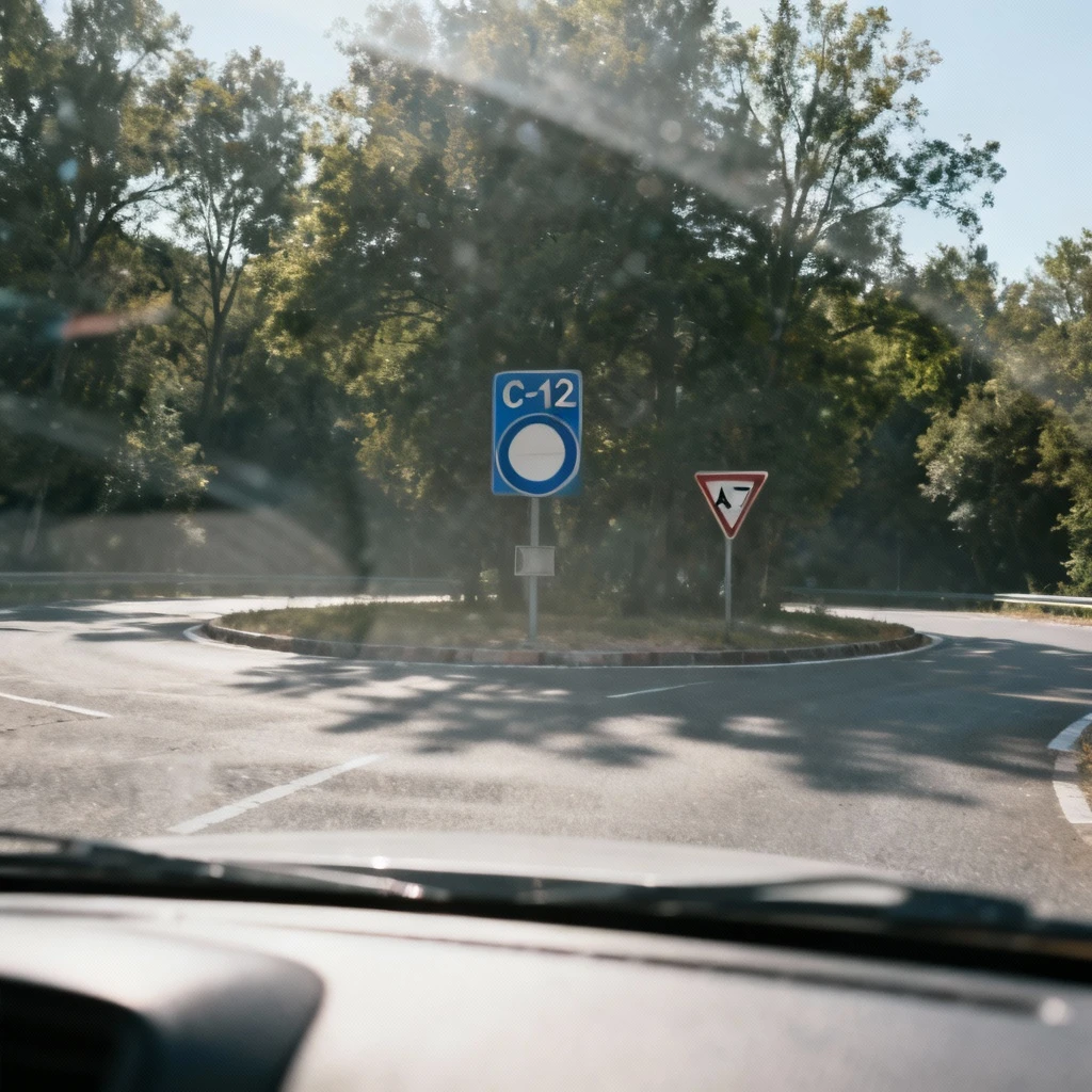 Perspektywa kierowcy na wjeździe na rondo, widok przez przednią szybę na znak C-12 (ruch okrężny) i A-7 (ustąp pierwszeństwa), z widocznym pierwszym zjazdem częściowo zasłoniętym drzewami, brak pojazdów w kadrze