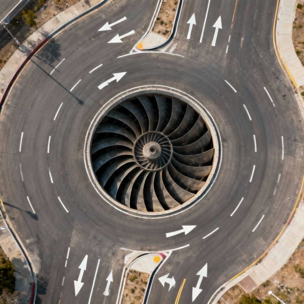 Rondo turbinowe widziane z lotu ptaka, z wyraźnie widoczną spiralną geometrią pasów zakończonych dedykowanymi wylotami, strzałki kierunkowe namalowane na jezdni, brak ludzi i pojazdów