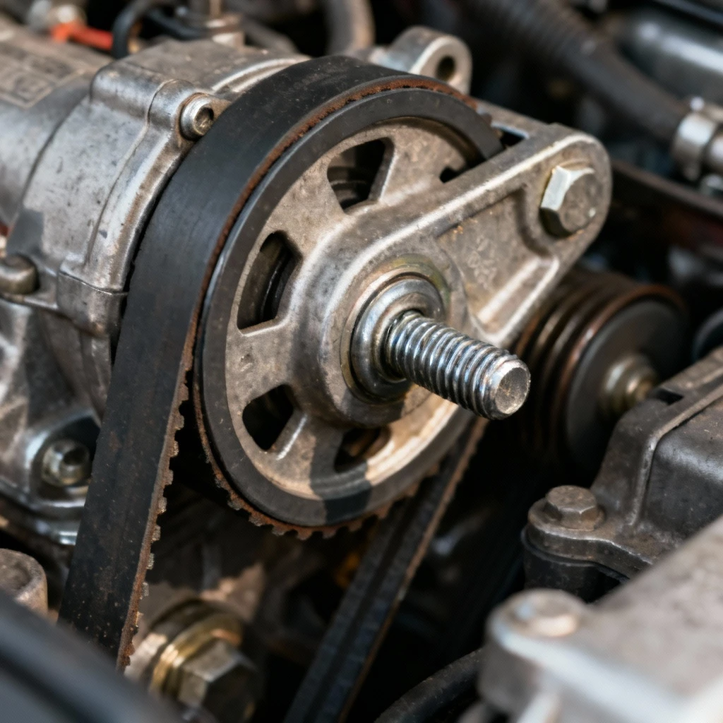 Mechanizm ręcznego napinacza paska klinowego z widoczną śrubą regulacyjną w silniku samochodu, widok z bliska, realistyczne oświetlenie