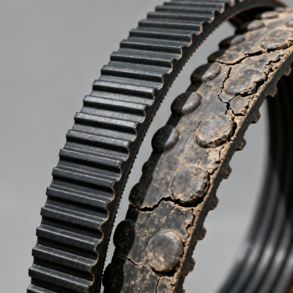 Porównanie nowego i zużytego paska klinowego pokazujące różnice w stanie rowków oraz elastyczności, widok z bliska