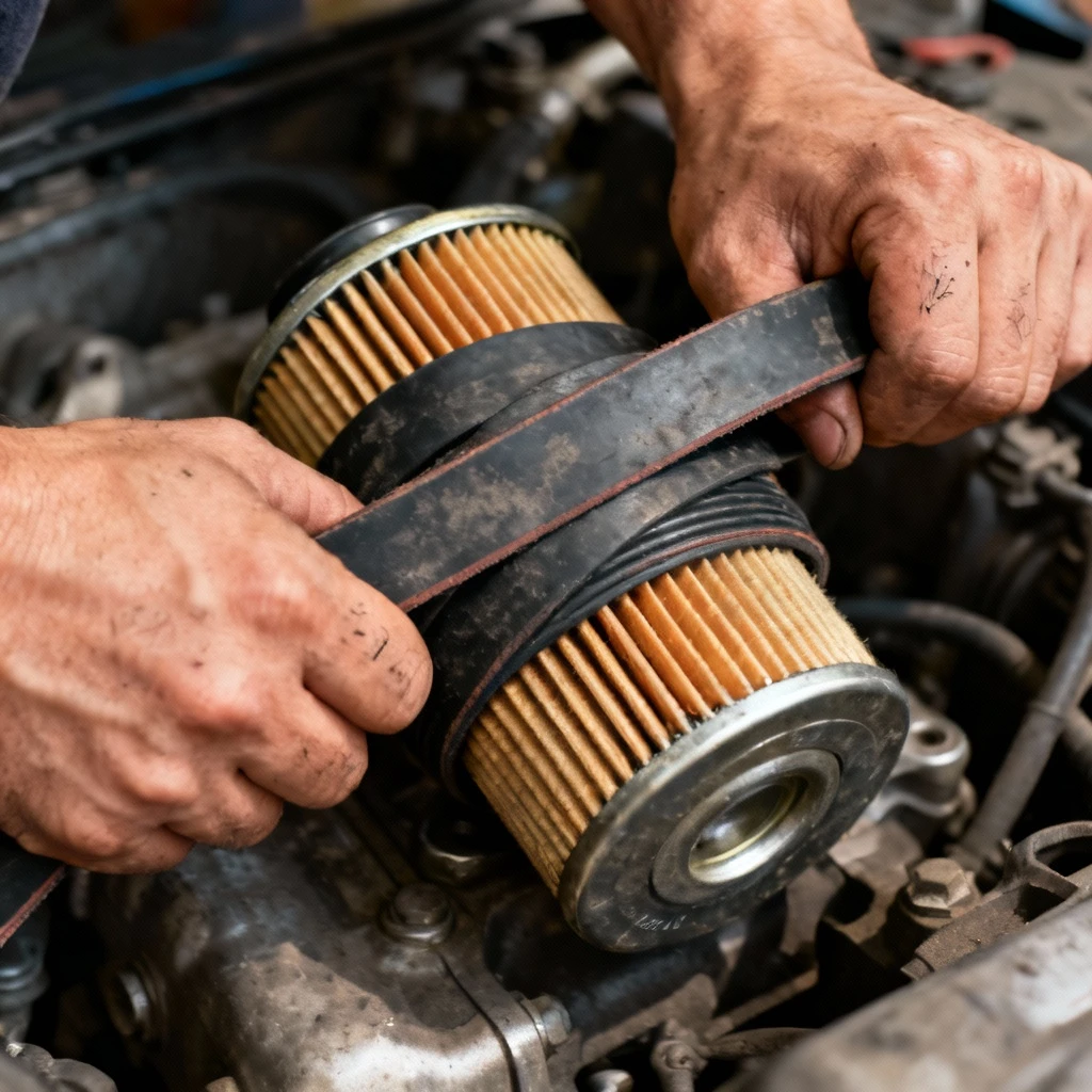 Stary gumowy pasek klinowy ściśle owinięty wokół filtra oleju, końce napięte w rękach, kadr z boku mocno zawężony do obszaru pracy.
